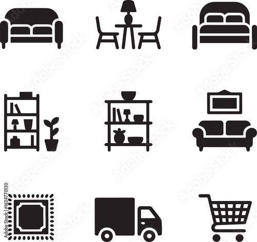 Furniture icons sofa table chairs shelves plant lamp truck cart couch