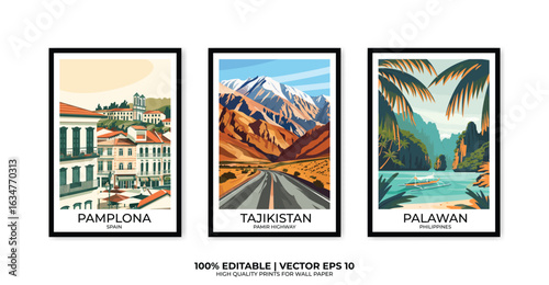 Set of 3 Vintage travel posters, Vintage travel illustrations, Vector colorful illustrations. Trendy printable wall art with beautiful landscapes.