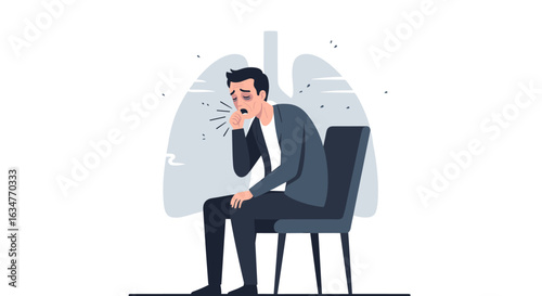 An illustration depicts a man coughing, seated in a chair, with an overlay of lungs, symbolizing illness and respiratory health concerns.