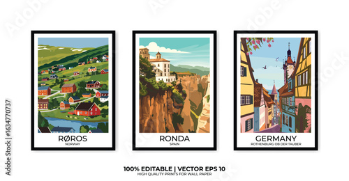 Set of 3 Vintage travel posters, Vintage travel illustrations, Vector colorful illustrations. Trendy printable wall art with beautiful landscapes.