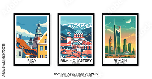 Set of 3 Vintage travel posters, Vintage travel illustrations, Vector colorful illustrations. Trendy printable wall art with beautiful landscapes.