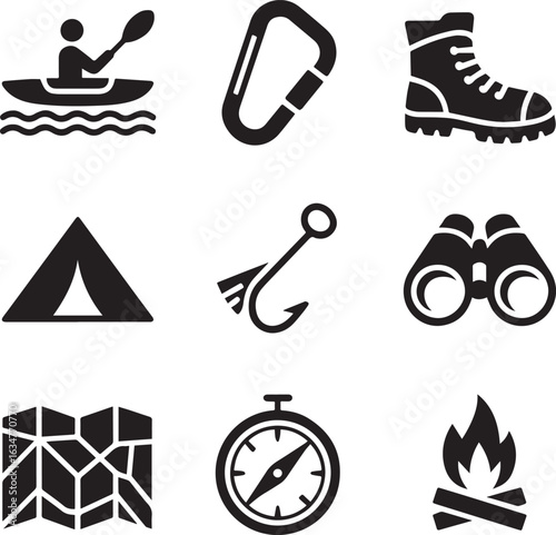 Kayaking boot carabiner tent fishing binoculars map compass campfire canoe paddle