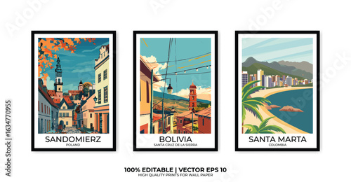 Set of 3 Vintage travel posters, Vintage travel illustrations, Vector colorful illustrations. Trendy printable wall art with beautiful landscapes.