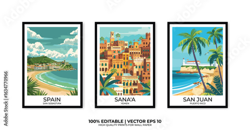 Set of 3 Vintage travel posters, Vintage travel illustrations, Vector colorful illustrations. Trendy printable wall art with beautiful landscapes.