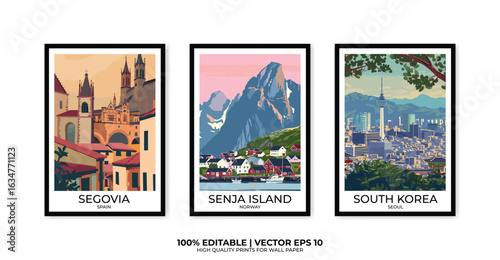 Set of 3 Vintage travel posters, Vintage travel illustrations, Vector colorful illustrations. Trendy printable wall art with beautiful landscapes.