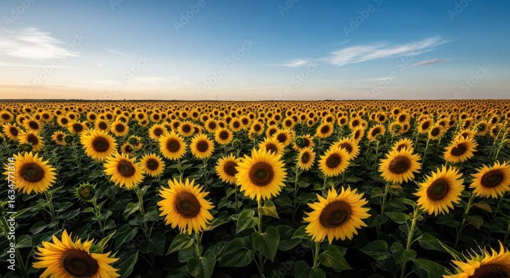Obraz premium Sunflowers in a vast field at sunset