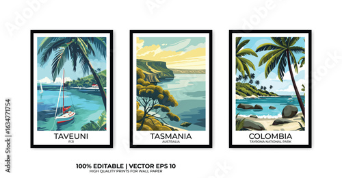 Set of 3 Vintage travel posters, Vintage travel illustrations, Vector colorful illustrations. Trendy printable wall art with beautiful landscapes.