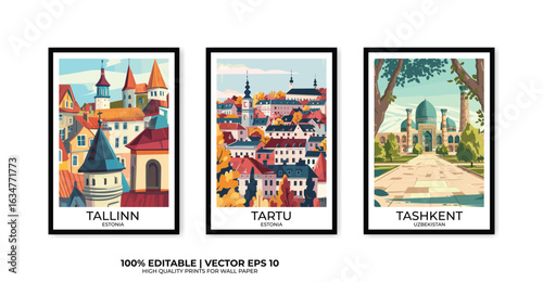 Set of 3 Vintage travel posters, Vintage travel illustrations, Vector colorful illustrations. Trendy printable wall art with beautiful landscapes.