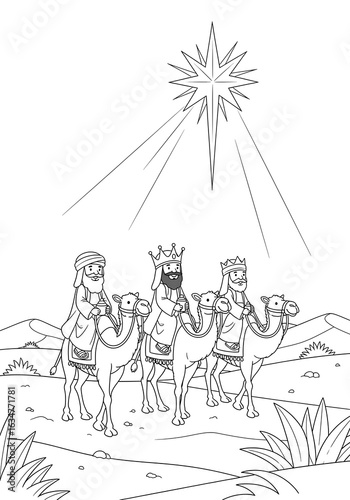 Three Wise Men on Camels, Following Star, Black and White Line Art, Simple, Childlike Style, Christmas Illustration