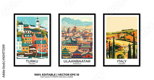 Set of 3 Vintage travel posters, Vintage travel illustrations, Vector colorful illustrations. Trendy printable wall art with beautiful landscapes.