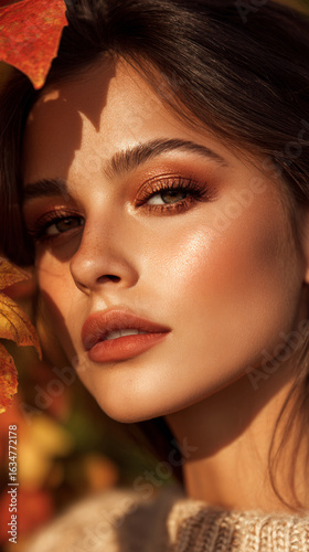 Autumn makeup with warm eyeshadow and glowing skin on young woman surrounded by fall leaves, natural beauty shining