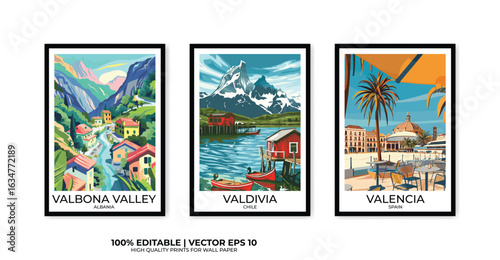 Set of 3 Vintage travel posters, Vintage travel illustrations, Vector colorful illustrations. Trendy printable wall art with beautiful landscapes.