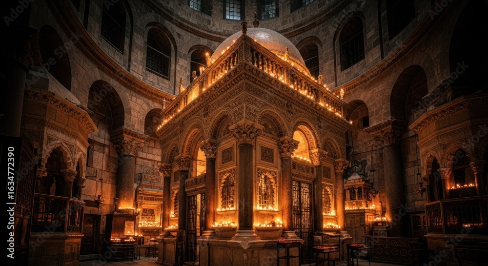 Obraz premium Sacred interior, lit by candles. Ornate, religious architecture