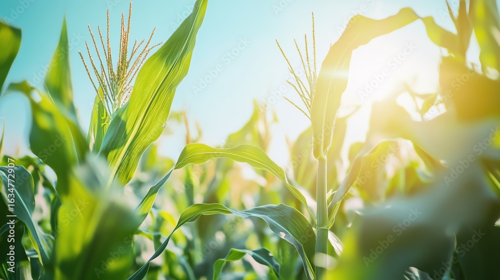 Fototapeta premium Sunlit corn field showcasing vibrant green leaves.