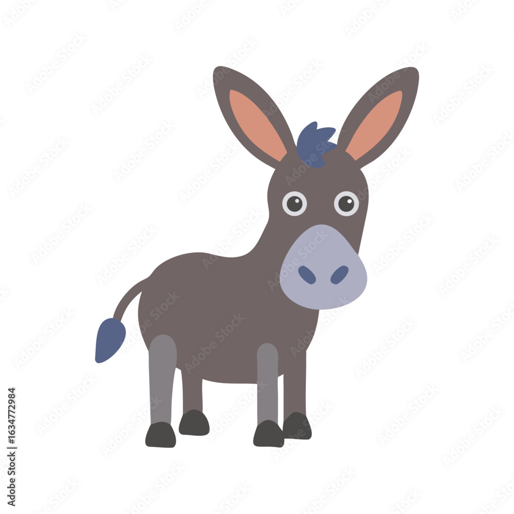 Fototapeta premium Cute cartoon donkey standing with friendly expression on white background