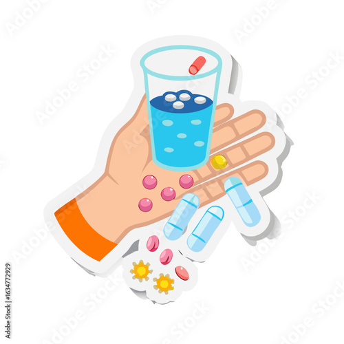 Vector sticker of a hand holding a glass of water, washing down pills and medicines, Clusters of pills and capsules on the table, treatment of illness, flu, colds, cough. Vitamins. Simple ... See More