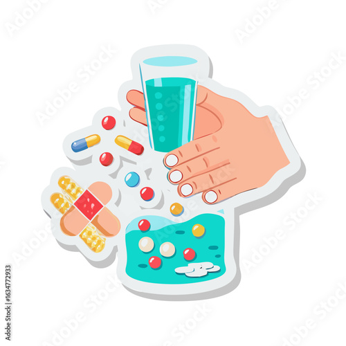 Vector sticker of a hand holding a glass of water, washing down pills and medicines, Clusters of pills and capsules on the table, treatment of illness, flu, colds, cough. Vitamins. Simple ... See More