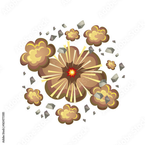 Cartoon explosion burst with smoke clouds and debris vector illustration