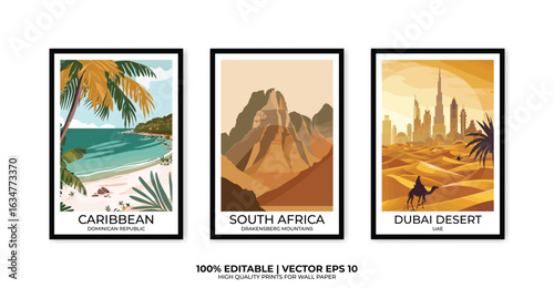 Set of 3 Vintage travel posters, Vintage travel illustrations, Vector colorful illustrations. Trendy printable wall art with beautiful landscapes.