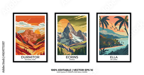 Set of 3 Vintage travel posters, Vintage travel illustrations, Vector colorful illustrations. Trendy printable wall art with beautiful landscapes.