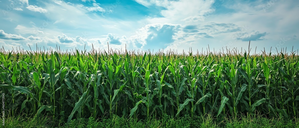 Obraz premium Vibrant cornfield under a bright blue sky.