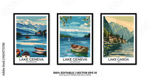 Set of 3 Vintage travel posters, Vintage travel illustrations, Vector colorful illustrations. Trendy printable wall art with beautiful landscapes.