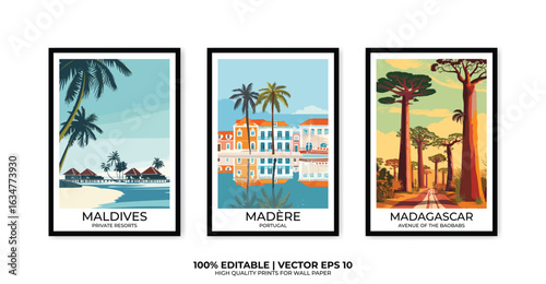 Set of 3 Vintage travel posters, Vintage travel illustrations, Vector colorful illustrations. Trendy printable wall art with beautiful landscapes.
