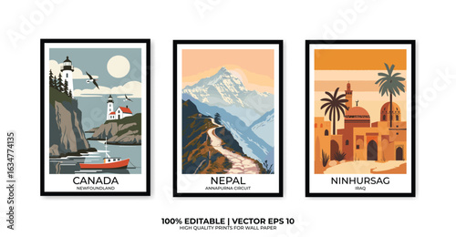 Set of 3 Vintage travel posters, Vintage travel illustrations, Vector colorful illustrations. Trendy printable wall art with beautiful landscapes.