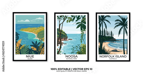 Set of 3 Vintage travel posters, Vintage travel illustrations, Vector colorful illustrations. Trendy printable wall art with beautiful landscapes.