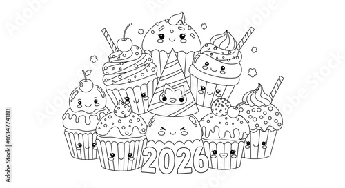 Kawaii Cupcake Collection: 2026 New Year's Coloring Page Design, Cute, Fun, Festive