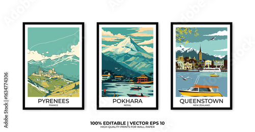 Set of 3 Vintage travel posters, Vintage travel illustrations, Vector colorful illustrations. Trendy printable wall art with beautiful landscapes.