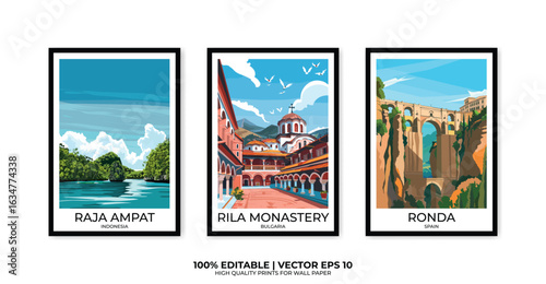 Set of 3 Vintage travel posters, Vintage travel illustrations, Vector colorful illustrations. Trendy printable wall art with beautiful landscapes.