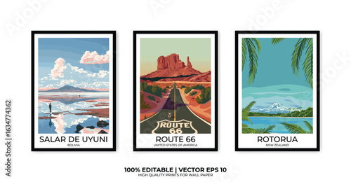 Set of 3 Vintage travel posters, Vintage travel illustrations, Vector colorful illustrations. Trendy printable wall art with beautiful landscapes.