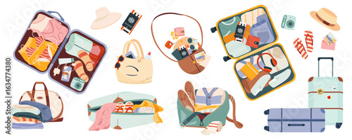 Collection of packed summer luggage, bags and travel accessories Vector flat illustrations for trip planner, vacation print, banner or poster Open tourist suitcases, clothes, shoes, documents, gadgets