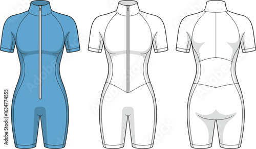 Athletic suit front and back view, cycling wear design, zipper one-piece garment, fashion sketch, ergonomic panels, sportswear illustration