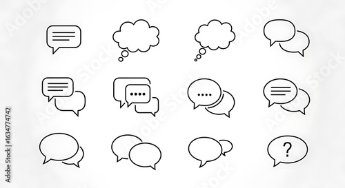 Collection of Minimalist Speech Bubbles and Thought Clouds on White Background