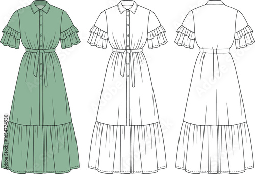 Fashion design template, dress illustration front and back, tiered skirt, ruffle sleeve, waist tie, technical sketch, garment concept