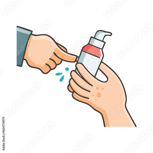 Vector sticker of a hand holding a throat spray. Treatment of sore throat, colds, flu, pneumonia. A simple treatment icon or illustration.