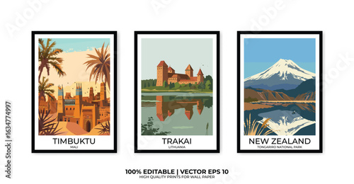 Set of 3 Vintage travel posters, Vintage travel illustrations, Vector colorful illustrations. Trendy printable wall art with beautiful landscapes.