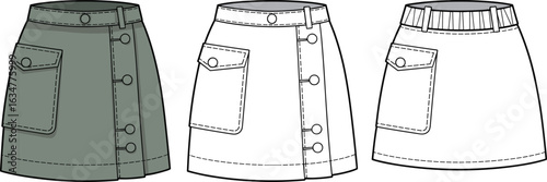 Skirt front view fashion sketch, button closure design, flap pocket detail, elastic waistband variation, garment illustration, clothing template