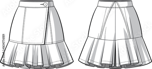 Skirt technical drawing, wrap design, button closure, flared hem, panel structure, stitching detail, waistband, fashion sketch, garment illustration