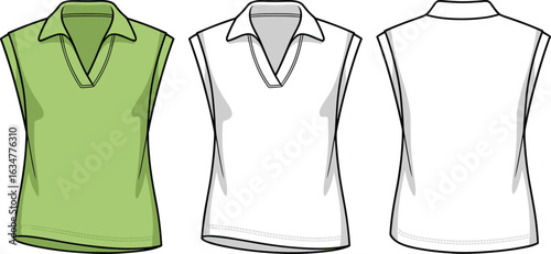 Sleeveless shirt illustration, collared design, V-neck style, green shirt, white shirt, outline sketch, casual wear, fashion drawing, garment layout