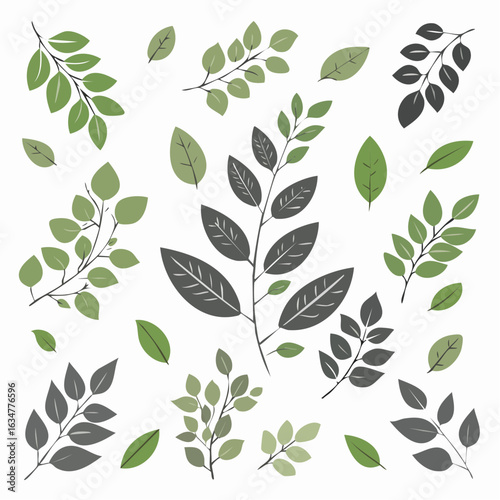 Monochrome minimalistische Blätter und botanische Zweige mit Stielen – Vektorillustration