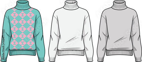 Turtleneck sweaters, turquoise geometric knit, white pullover, gray winter wear, cozy fashion, ribbed cuffs, warm clothing, casual style, apparel