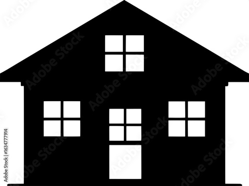 "Simple vector-style silhouette of a small house with a gable roof. The house is centered and symmetrical, with three rectangular windows and a door in a balanced arrangement. Rendered entirely in bla