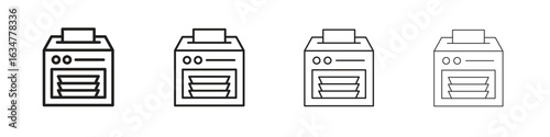 Money counting machine icons in black simple line elements.