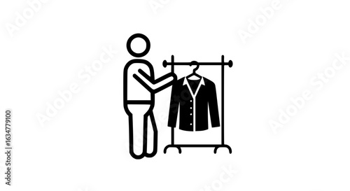 A person with a suit on a hanger black and white icon 