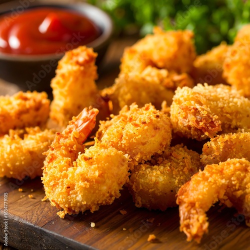 Golden-brown, crispy fried shrimp on a wooden board, served with ketchup