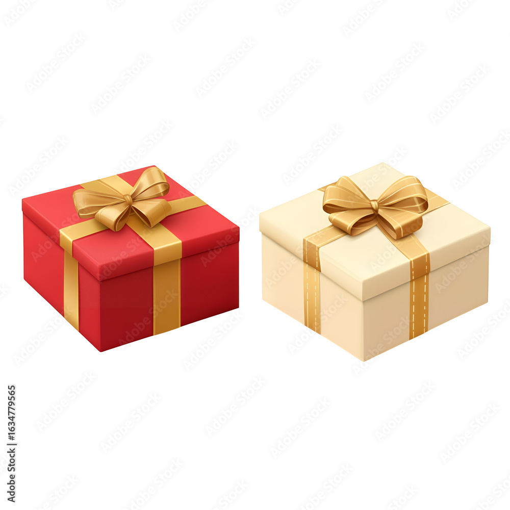 Fototapeta premium Two beautifully wrapped gift boxes one red and one cream adorned with golden ribbons and bows isolated on transparent background