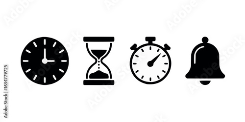 Time Management and Notification System Depicted with Clock Hourglass Stopwatch and Bell Icons Design